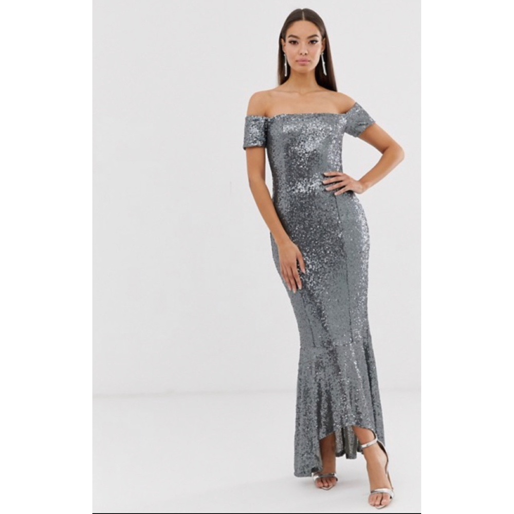 NEW Club L London Silver Off the Shoulder Maxi